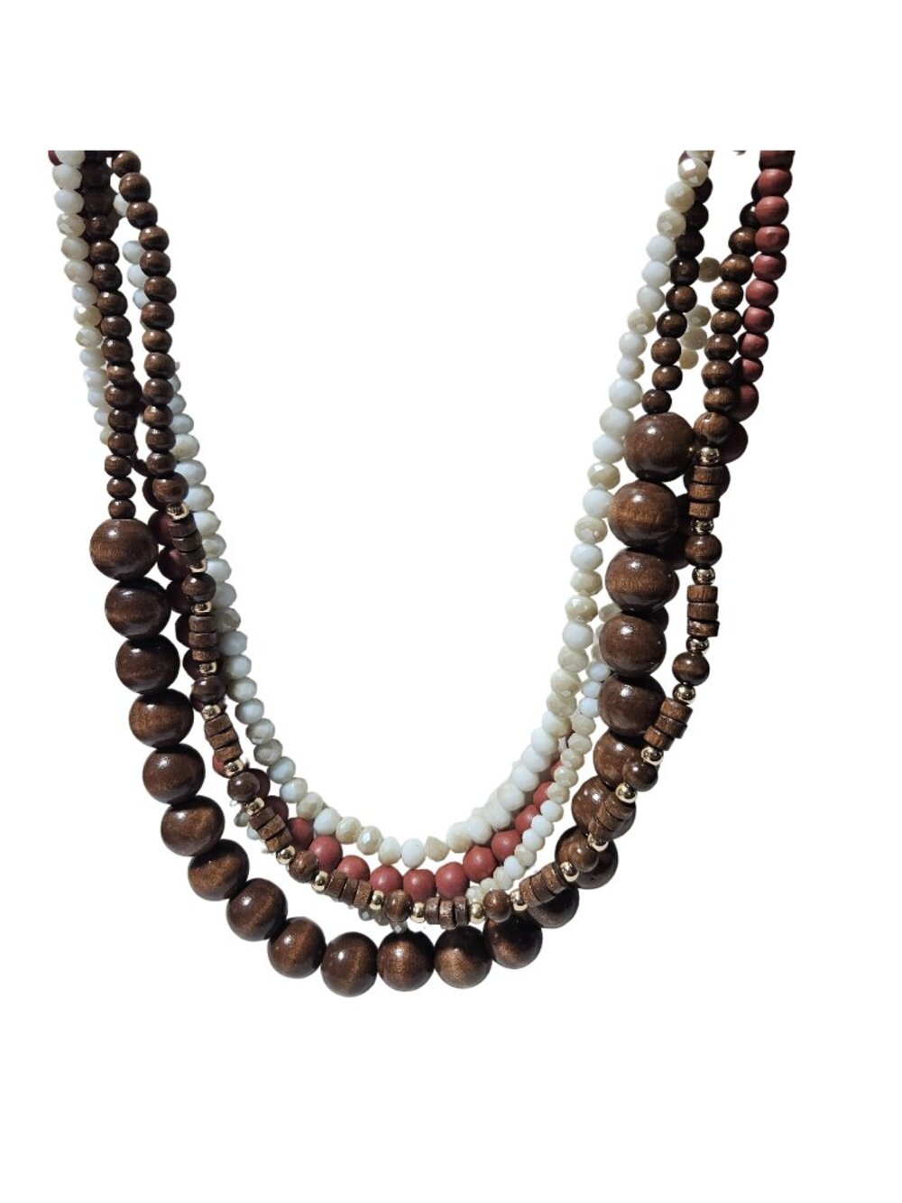 Boho Chunky Wood Bead Necklace Multi Strand Brown Cream Pink Boho Earthy Layered